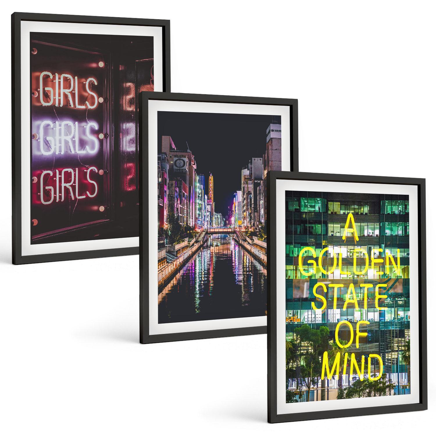 BILDER SET 3er Set - 40x60 cm Schwarzer Rahmen - Neonlichter am Fluss bei Nacht - Schwarz, Kunststoff (40/60cm) - TULUP
