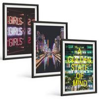 BILDER SET 3er Set - 40x60 cm Schwarzer Rahmen - Neonlichter am Fluss bei Nacht - Schwarz, Kunststoff (40/60cm) - TULUP