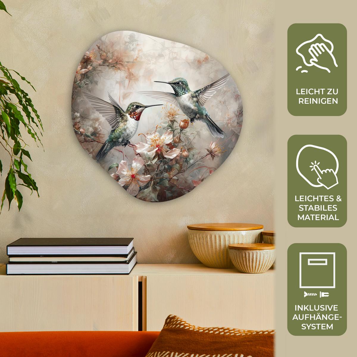 WANDBILD Kolibri - Vögel - Blumen - Pflanzen Wandbild 60x60 cm - Hellgrün, Kunststoff (60/60cm) - MuchoWow