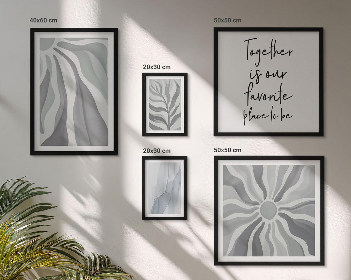 BILDER SET 5er Set - 50x50 cm & 20x30 cm & 40x60 cm Schwarzer Rahmen - Illustrationen mit floralen Pastellmustern - Schwarz, Kunststoff (40/60cm) - TULUP