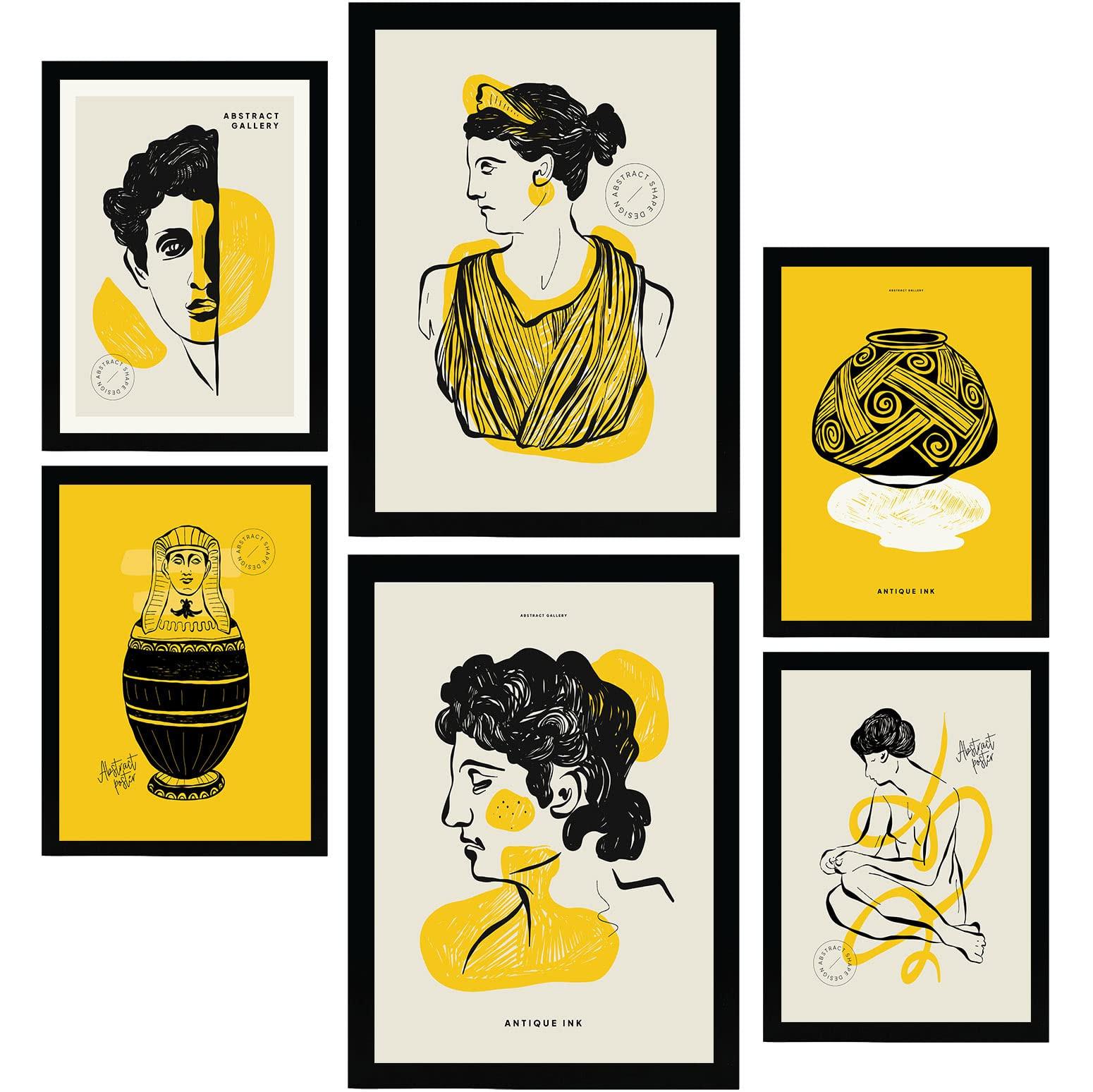 POSTER Set Mit 6 In Schwarzer Tinte Profile Von Der Griechischen Mythologie Inspirierte Drucke Für Innenarchitektur A3 & A4 Schwarzer Rahmen - Schwarz, Papier (29/3cm) - Nacnic