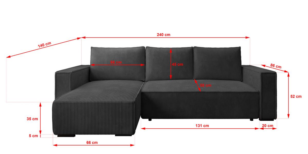 ECKSOFA CUDDY L, Eckcouch in L-Form mit Schlaffunktion und Bettkasten, Farbe: Dunkelgrau, Cordstoff, Ottomane Links - Dunkelgrau, Textil (240/140cm) - Storez24