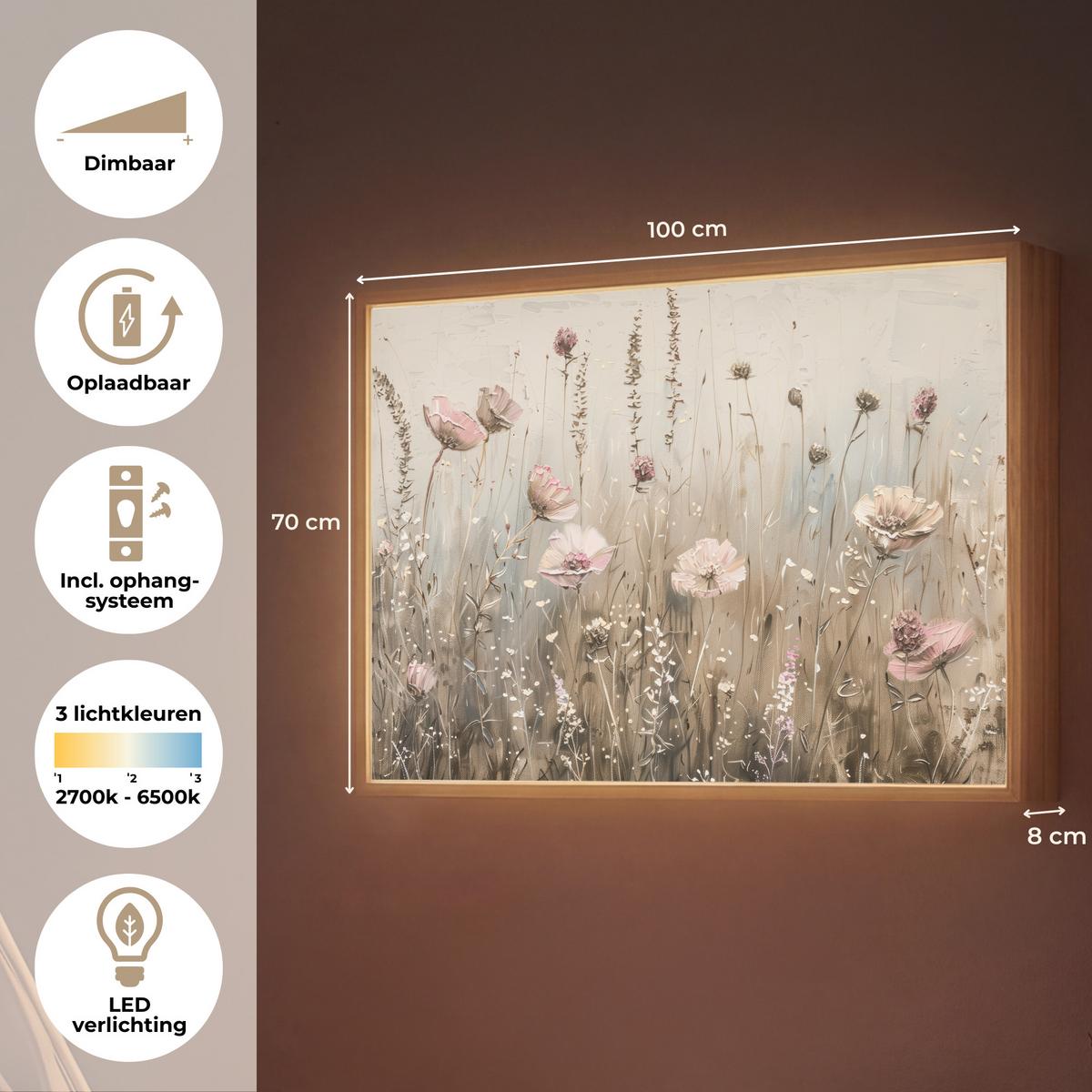 WANDLEUCHTE MIT AKKU Blumen - Rosa - Modern - Beige 100x70 cm - Altrosa, Holzwerkstoff (100/70/8cm) - OnlyWow
