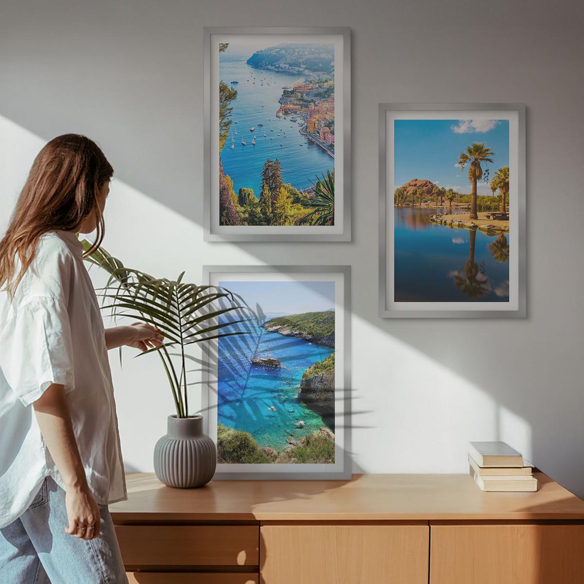 BILDER SET 3er Set - 40x60 cm Silberner Rahmen - Palmen am Meer, blaues Wasser - Silberfarben, Kunststoff (40/60cm) - TULUP