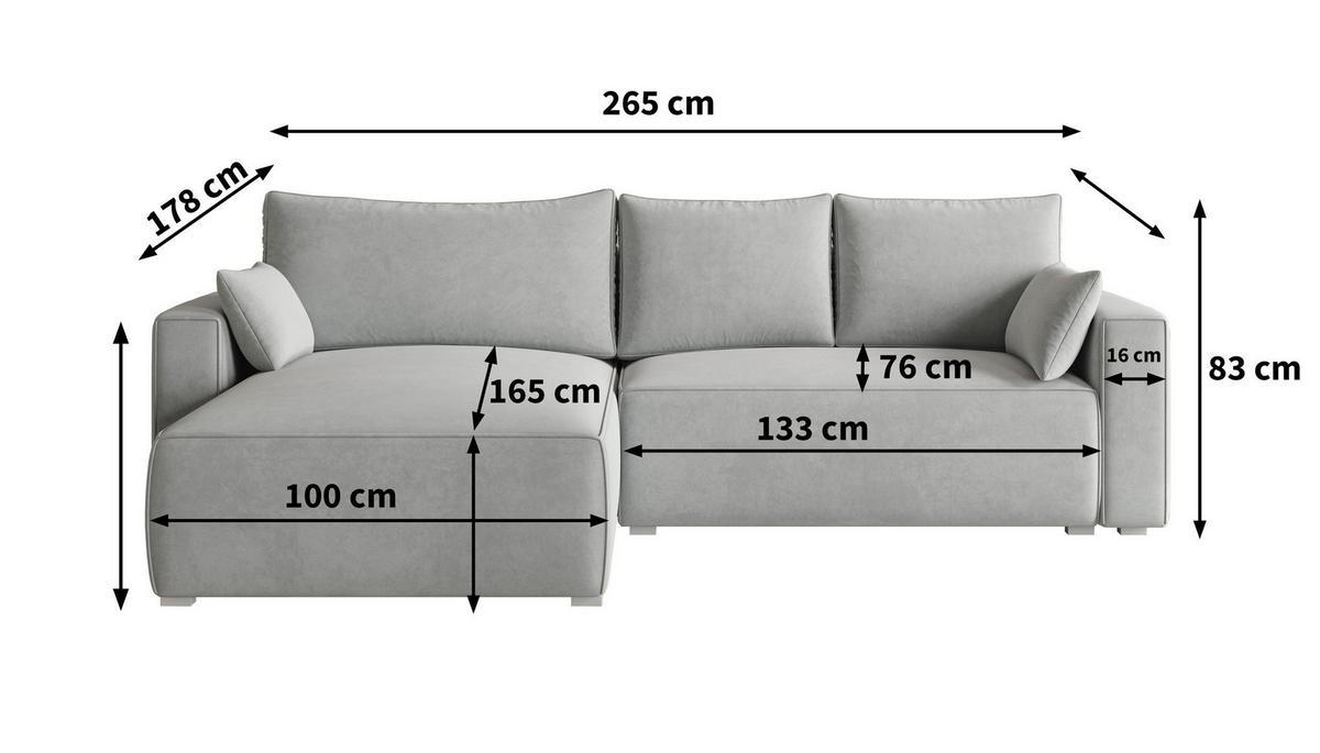 ECKSOFA FORIL Schwarz Velours-Stoff mit Schlaffunktion - Schwarz/Grau, Holz/Kunststoff (265/178cm) - MASSENO