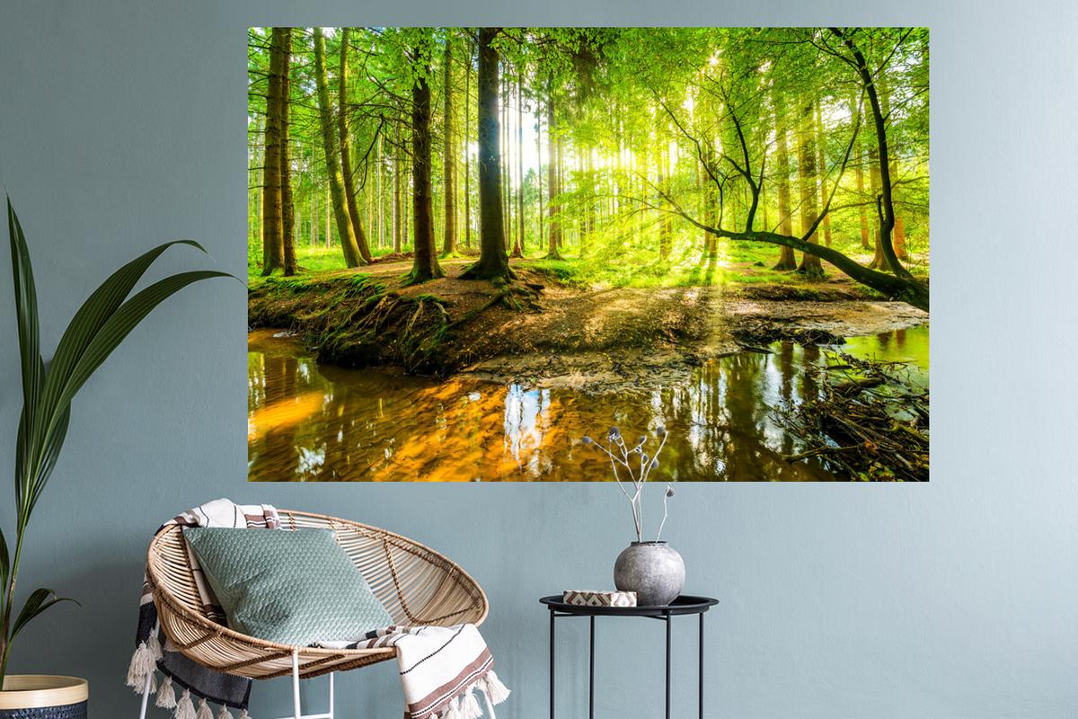 WANDTATTOO Wald - Landschaft - Wasser - Bäume - Sonne - Grün - Natur Wandsticker 120x80 cm - Grün, Kunststoff (120/80/0.1cm) - MuchoWow