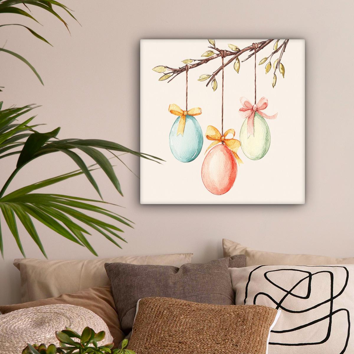 LEINWANDBILD Osterkuchen - Schleife - Eier Wandbild Wohnzimmer 50x50 cm - Creme, Textil (50/50cm) - MuchoWow