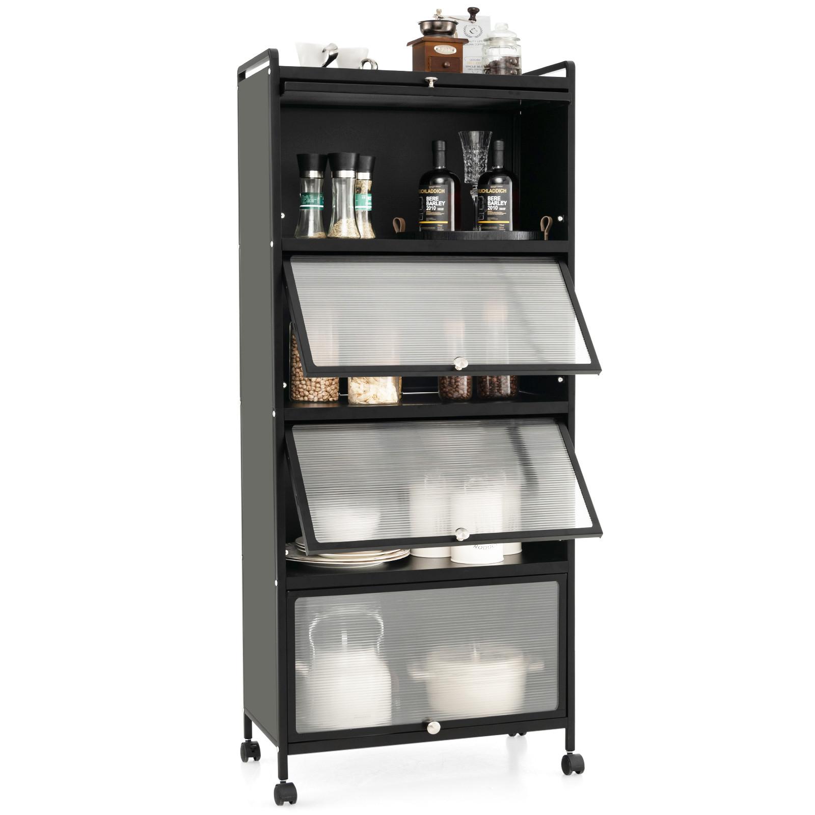 KUCHENSCHRANK Mit Rollen Schwarz - Schwarz, Metall (60/154/32cm) - COSTWAY