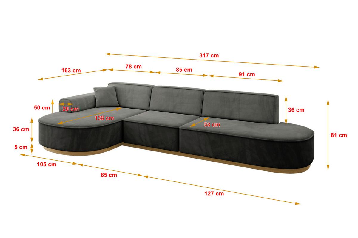 ECKSOFA Ottomane Links MARI-L2-v2 - 328x171x83 cm Dunkelgrau Velours - Dunkelgrau, Holzwerkstoff/Textil (328/171cm) - ALTDECOR