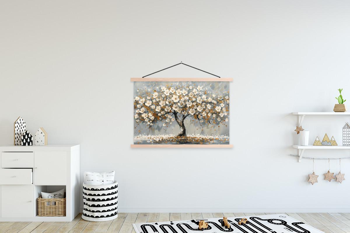 POSTER MIT MAGNETLEISTEN Baum - Blumen - Weiß - Natur - Kunst Magnetleiste 120x80 cm - Weiß, Textil (120/80/0.15cm) - MuchoWow