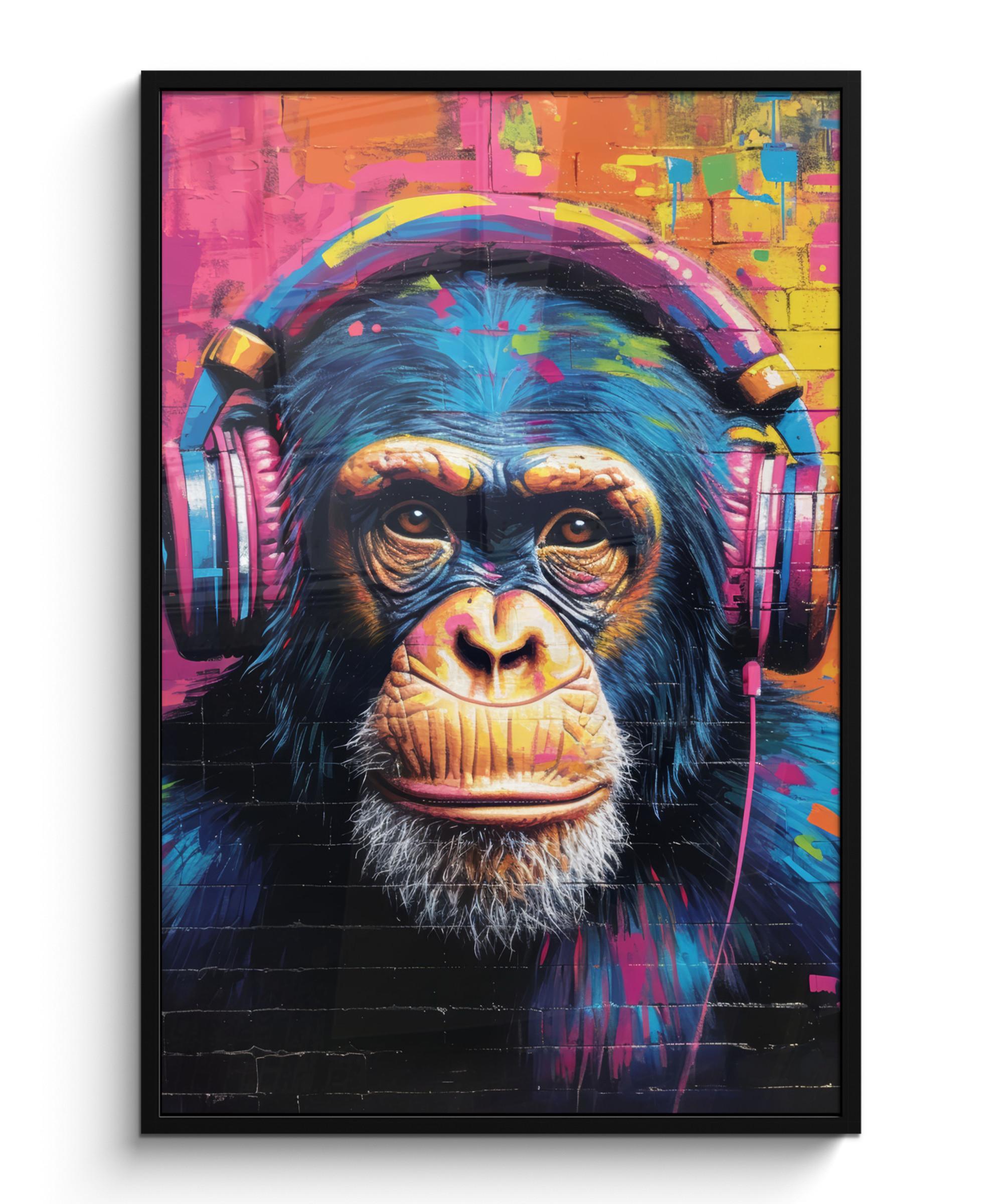 POSTER MIT RAHMEN Graffiti - Schimpanse - Straßenkunst - Kopfhörer - Affe Bilderleiste 80x120 cm - Blau, Papier (80/120cm) - MuchoWow