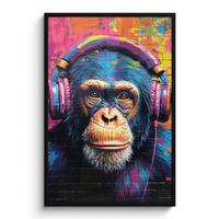 POSTER MIT RAHMEN Graffiti - Schimpanse - Straßenkunst - Kopfhörer - Affe Bilderleiste 80x120 cm - Blau, Papier (80/120cm) - MuchoWow