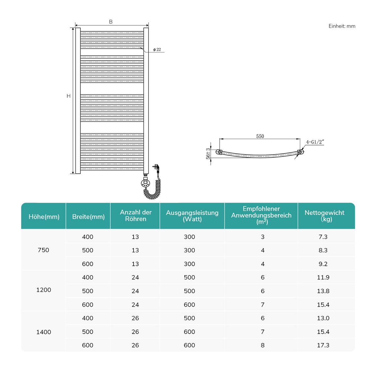 HANDTUCHHEIZKÖRPER elektrisch gebogen Anthrazit 120/50 cm - Anthrazit, Metall (50/120/5.2cm) - EMKE