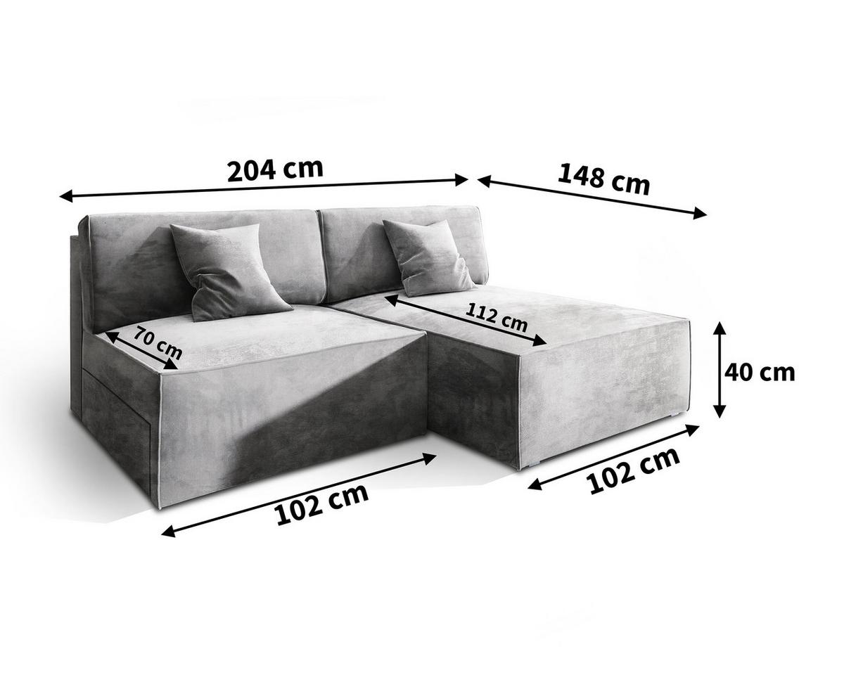 ECKSOFA FIORO M Hellgrau Velours-Stoff mit Schlaffunktion - Hellgrau/Grau, Holz/Kunststoff (204/148cm) - MASSENO