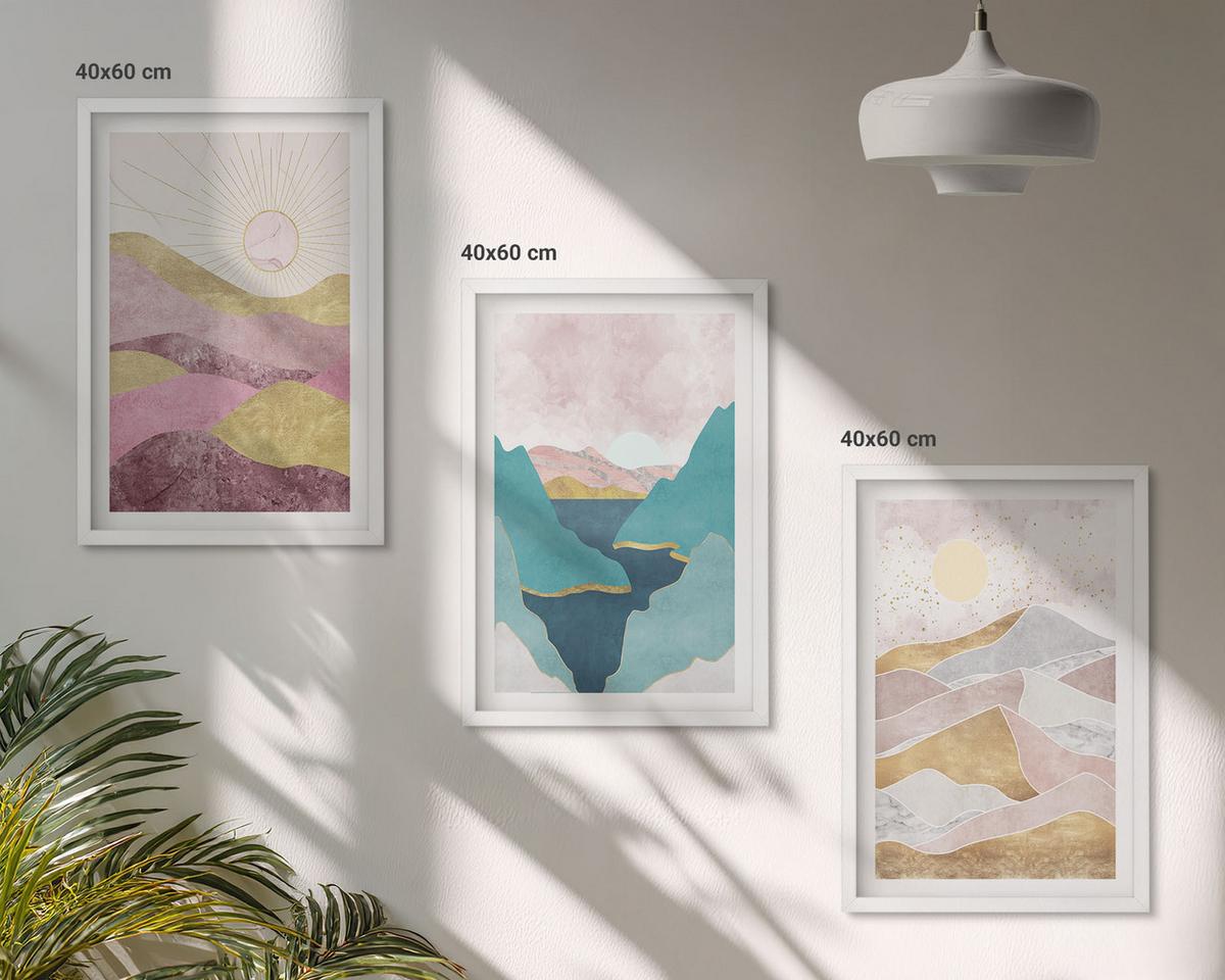 BILDER SET 3er Set - 40x60 cm Weißer Rahmen - Abstrakte Berge Sonne - Weiß, Kunststoff (40/60cm) - TULUP