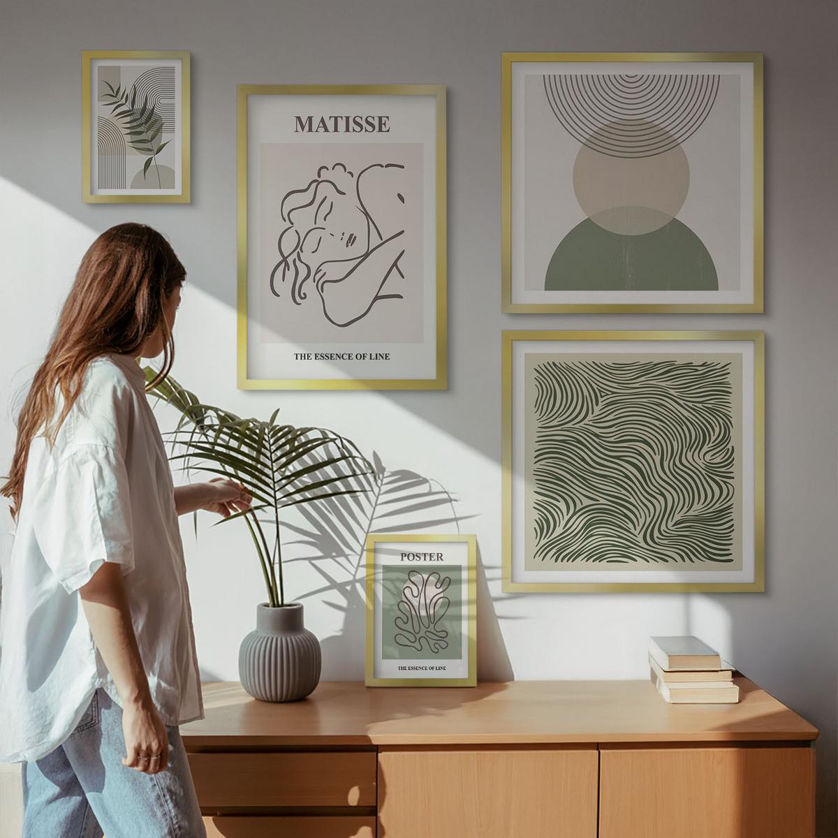 BILDER SET 5er Set - 50x50 cm & 20x30 cm & 40x60 cm Goldrahmen - Geometrische botanische Muster - Goldfarben, Kunststoff (40/60cm) - TULUP