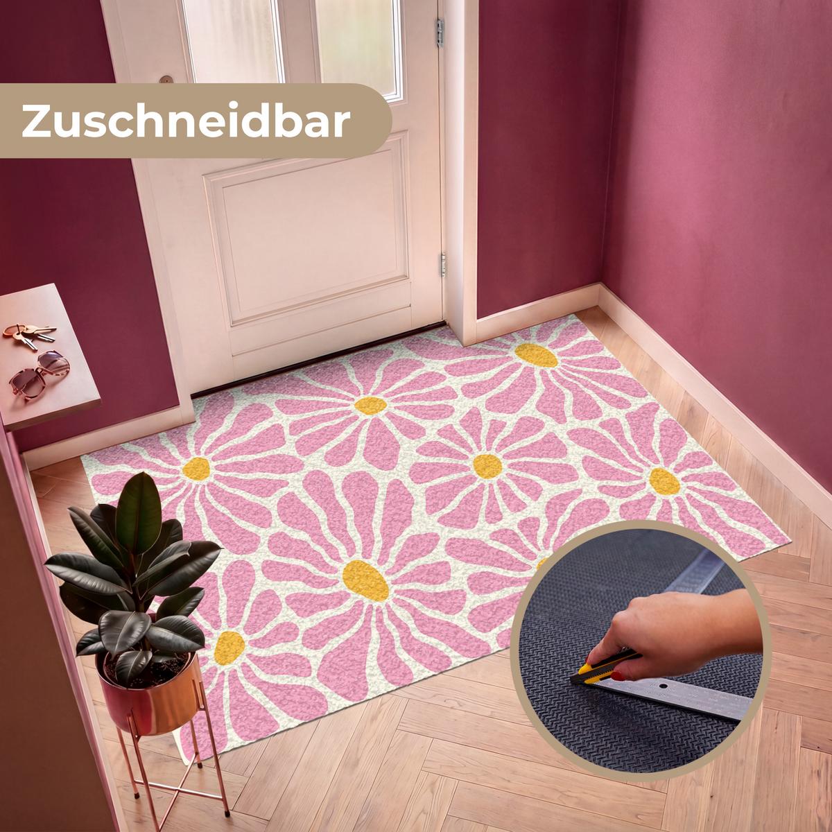 FUSSMATTE Blumen - Muster - Rosa - Beige - Orange Sauberlaufmatte 180x120 cm - Rosa, Kunststoff (180/0.4cm) - MuchoWow