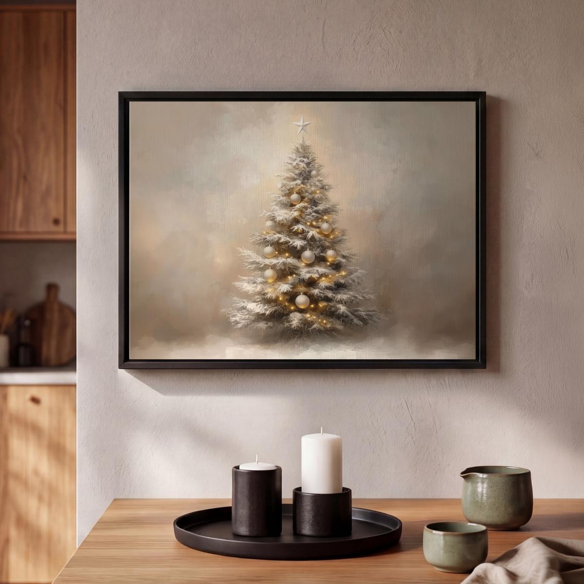 LEINWAND Bilder mit Rahmen - Weihnachten - Weihnachtsbaum - Schnee - Kunst - 40x30 - Champagner, Textil (40/30cm) - MuchoWow