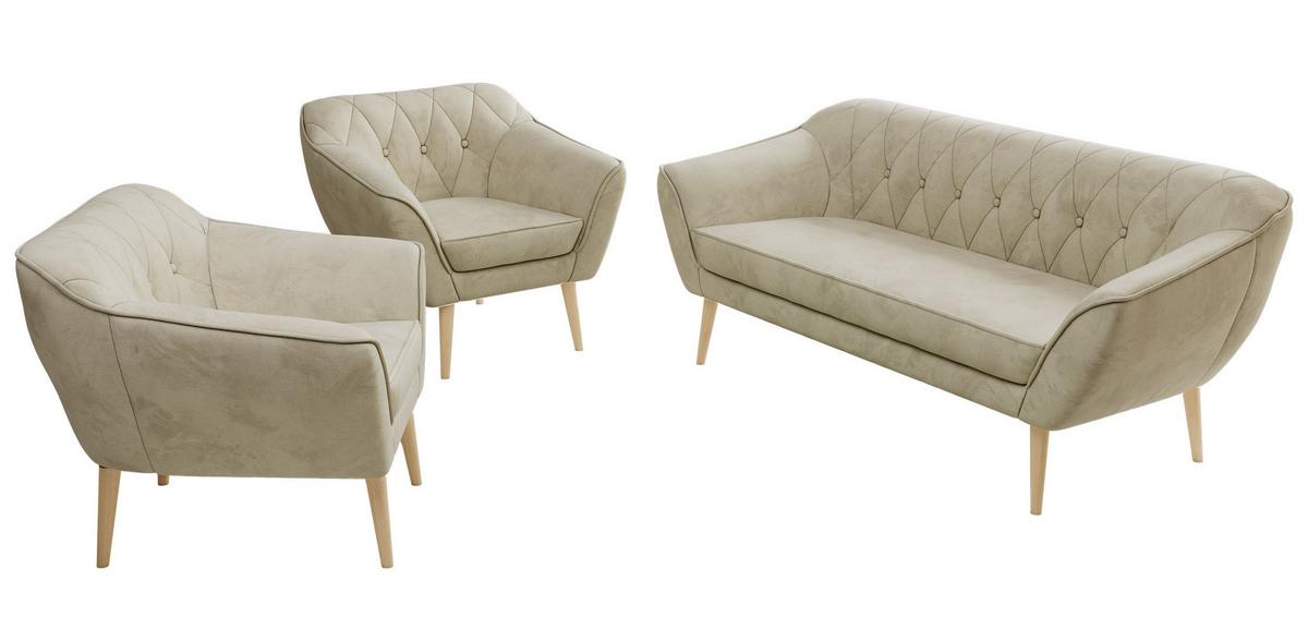 SITZGARNITUR PIRS 3+1+1 - Beige Velvet - Holzbeine - Beige/Buchefarben, Holzwerkstoff/Textil (180/75/74cm) - MKS