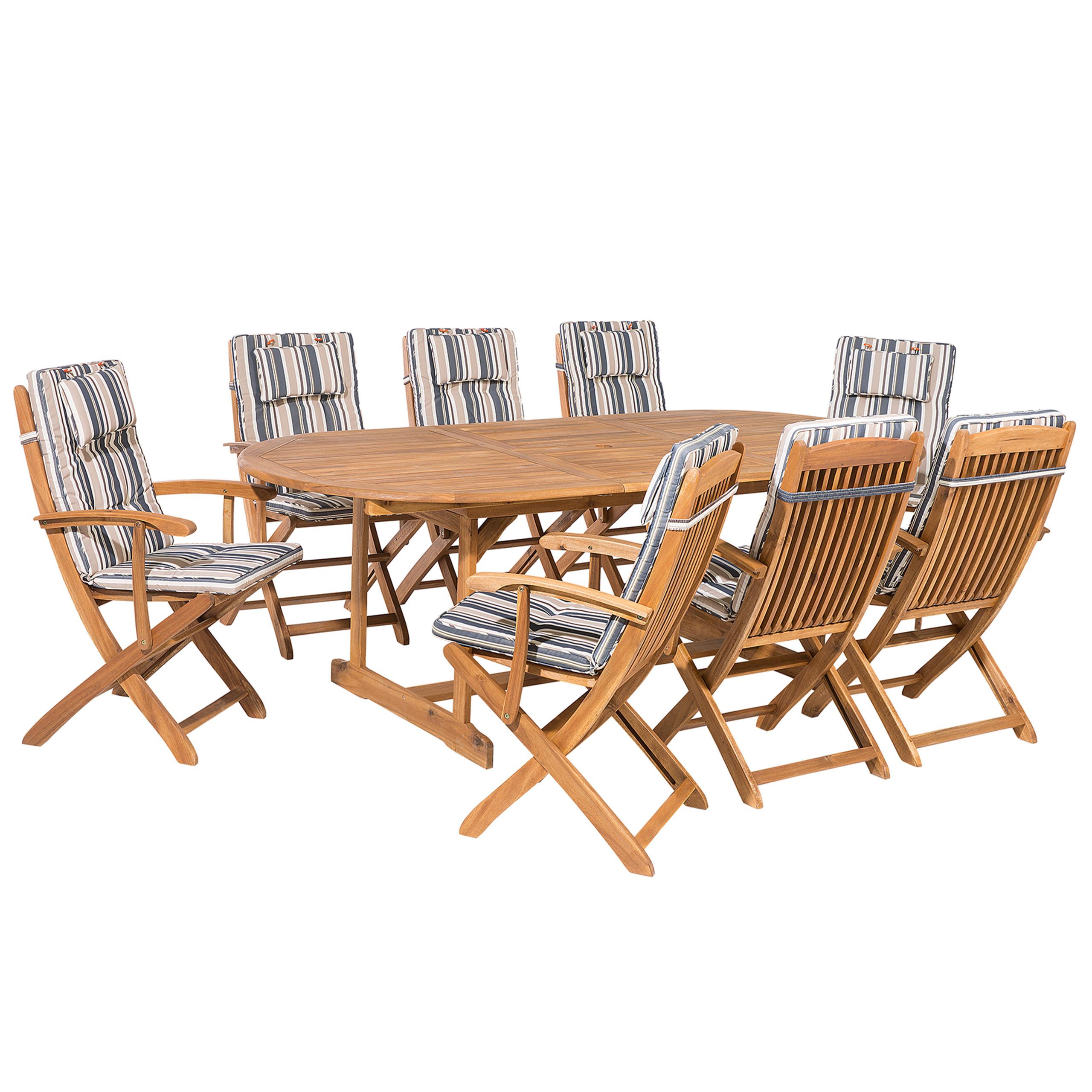 GARTENMÖBEL SET 8-Sitzer Akazienholz hellbraun Auflagen dunkelblau-beige Maui - Blau/Hellbraun, Holz - Beliani