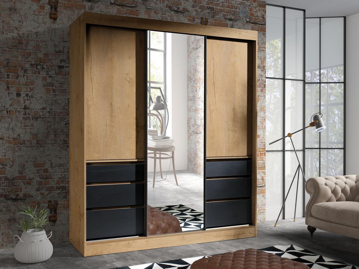 SCHWEBETÜRENSCHRANK Haiti 180 mit Spiegel - Eichefarben/Schwarz, Holzwerkstoff (180/216/65cm) - MIRJAN24