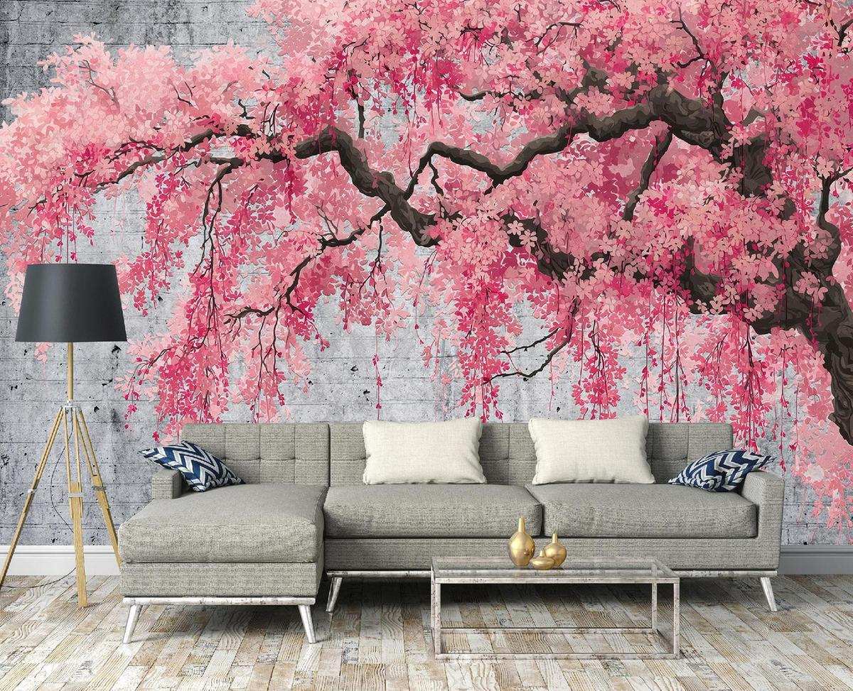 FOTOTAPETE Baum Beton Rosa 350x250 cm - Multicolor, Papier (350/250cm) - Wallarena