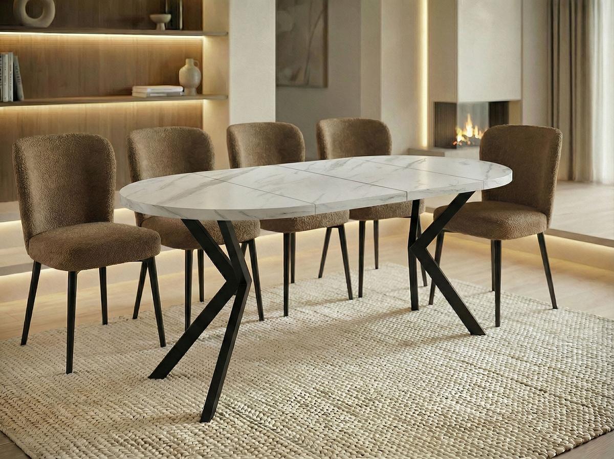 ESSTISCH Valeo runder ausziehbarer, Marmor Weiß 120-200/120/76 cm - Ecru/Schwarz, Holzwerkstoff/Metall (200/120/76cm) - WFL GROUP