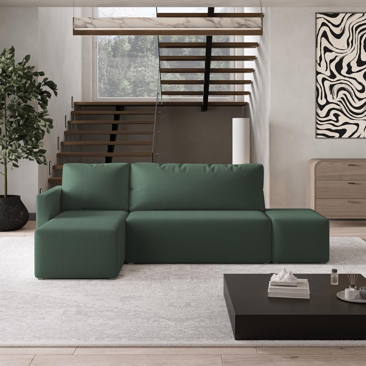 ECKSOFA VELOTTI L-S Grün Boucle-Stoff mit Schlaffunktion - Grün, Holz (261/143cm) - MASSENO