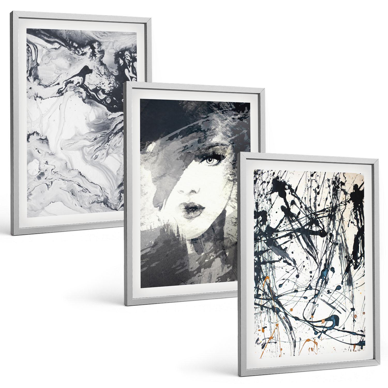 BILDER SET 3er Set - 40x60 cm Silberner Rahmen - Abstrakte schwarz-weiße Muster - Silberfarben, Kunststoff (40/60cm) - TULUP