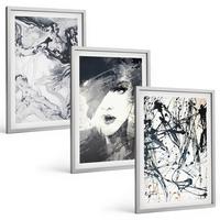 BILDER SET 3er Set - 40x60 cm Silberner Rahmen - Abstrakte schwarz-weiße Muster - Silberfarben, Kunststoff (40/60cm) - TULUP