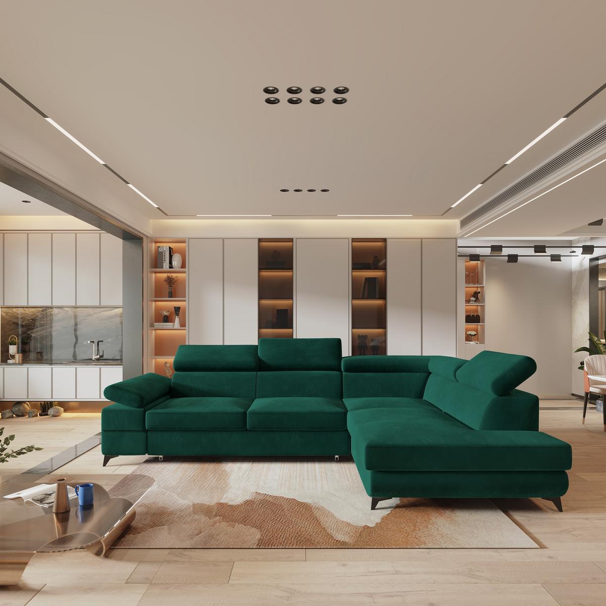 ECKSOFA FAVIEN R-S Grün Velours-Stoff mit Schlaffunktion - Grün, Holz (257/190cm) - MASSENO