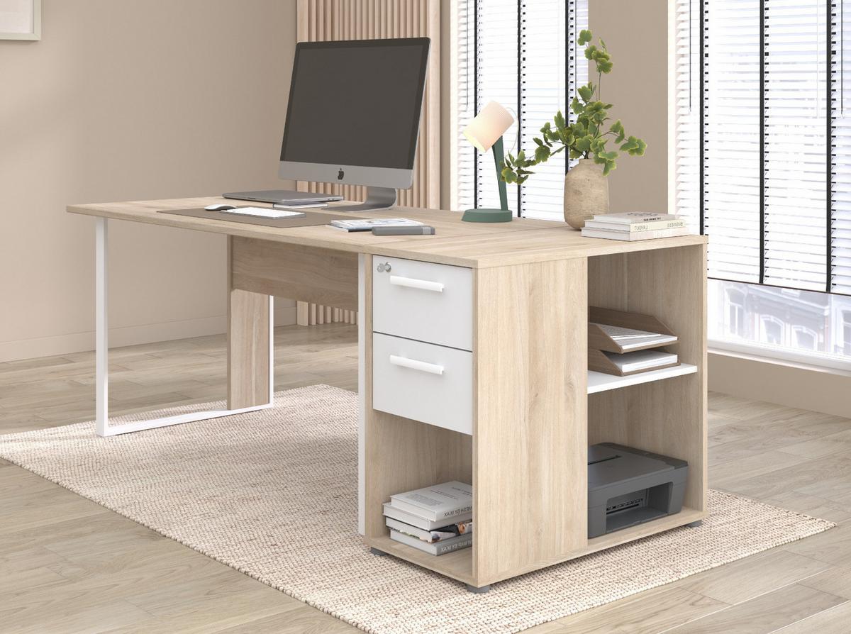 SCHREIBTISCH-SET Eiche, weiß, Büromöbel mit Schreibtisch und Container - Eichefarben/Weiß, Holzwerkstoff/Kunststoff (80/189/73cm) - Parisot Meuble