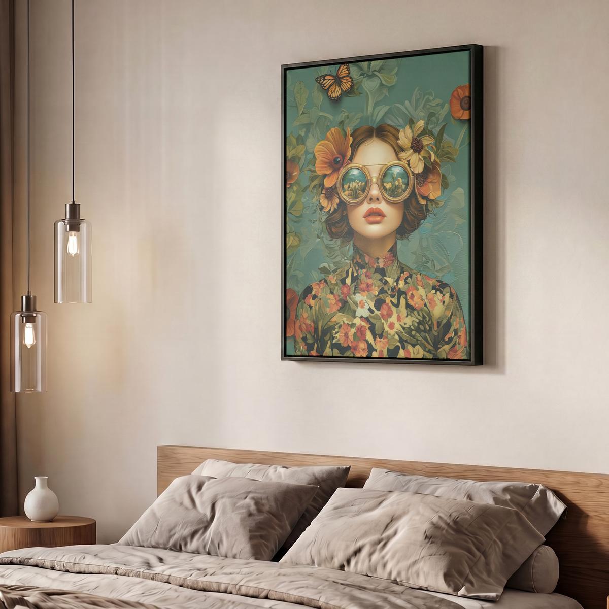 LEINWAND Bilder mit Rahmen - Frau - Blumen - Schmetterlinge - Natur - Vintage - 50x70 - Salbeigrün, Textil (50/70cm) - MuchoWow