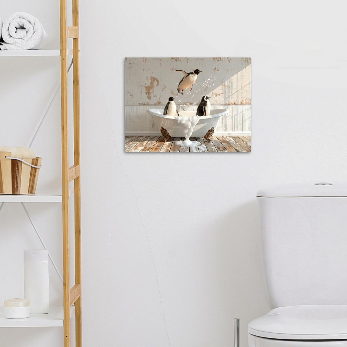 LEINWANDBILD Vintage - Pinguin - Badewanne - Schaumstoff Wandbild 40x30 cm - Schwarz, Textil (40/30cm) - MuchoWow