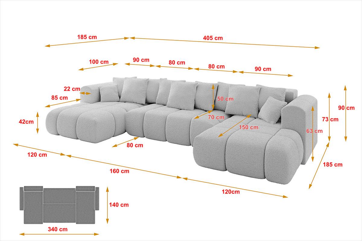 WOHNLANDSCHAFT CLOUD-U-v1 405x185x90 Hellgrau Bouclé - Hellgrau, Holzwerkstoff/Kunststoff (405/90/185cm) - ALTDECOR
