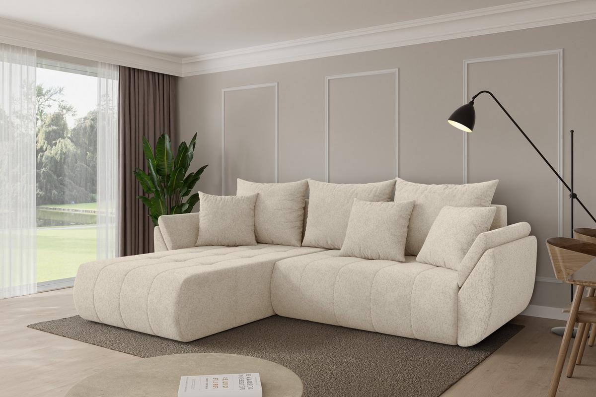ECKSOFA mit Schlaffunktion Ottomane Links TOKO-L 277x194x86 Creme Velours - Creme/Schwarz, Holzwerkstoff/Kunststoff (277/194cm) - ALTDECOR