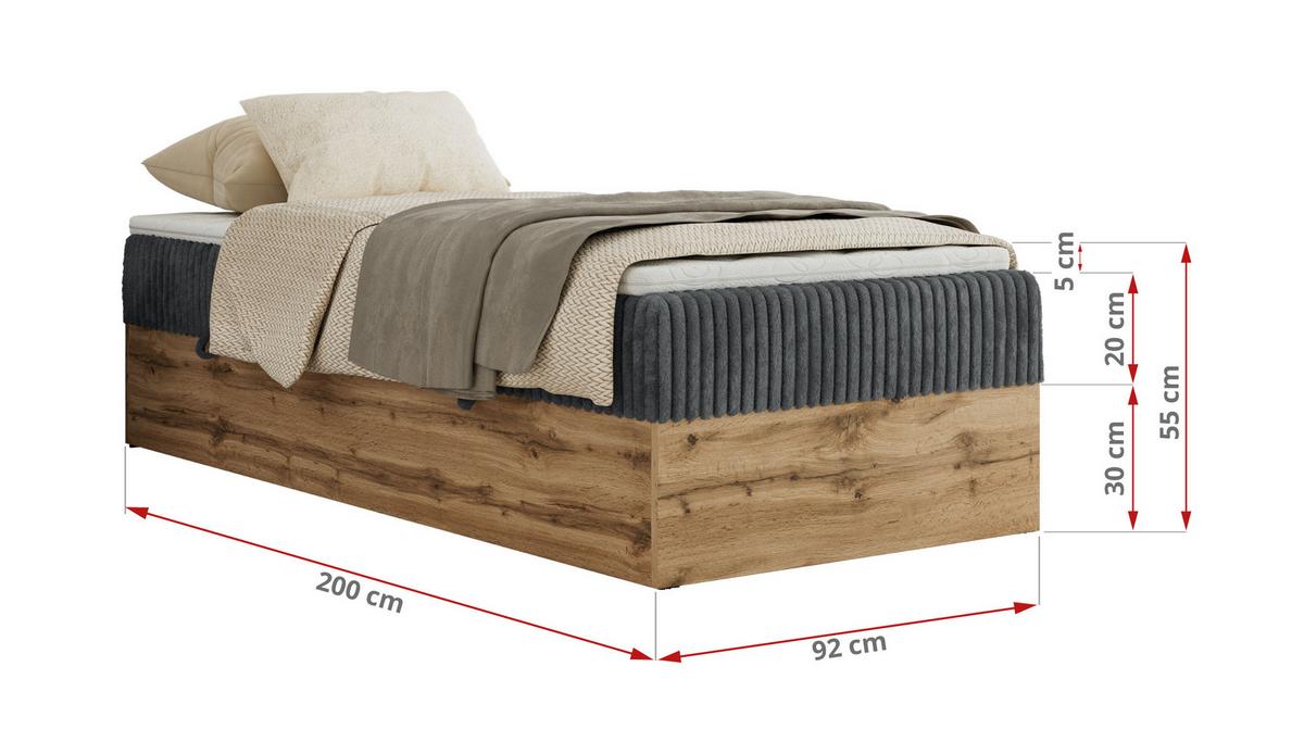 BOXBETT WOOD ZERO 90/200 - Grau Cord - H3 - Topper Visco - Grau, Textil (90/200cm) - MKS