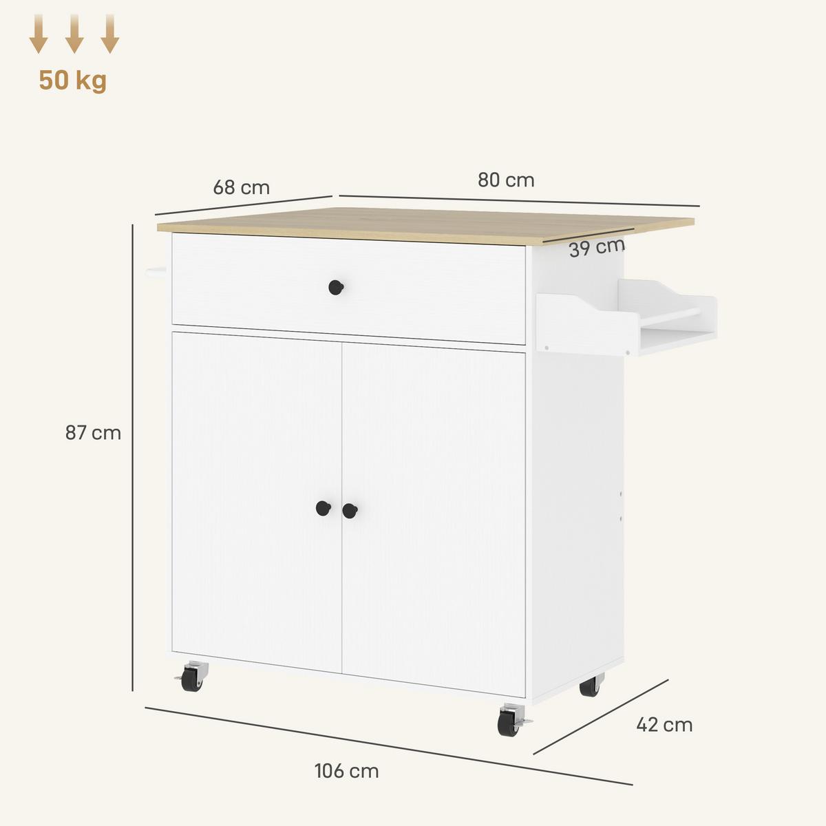 KÜCHENINSEL Küchenwagen auf Rollen mit Klappbar Arbeitsplatte, Schublade Weiß - Schwarz/Weiß, Holz/Holzwerkstoff (42/87/106cm) - HOMCOM