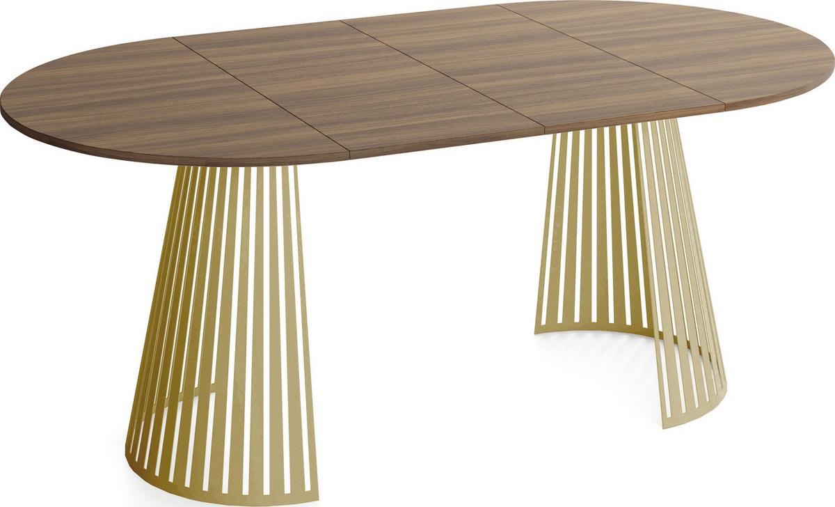 ESSTISCH Naro rund ausziehbar mit Goldenem Lamellen-Metallgestell, Walnuss Braun 100-180/100/76 cm - Goldfarben/Walnussfarben, Holzwerkstoff/Metall (100/176/76cm) - WFL GROUP