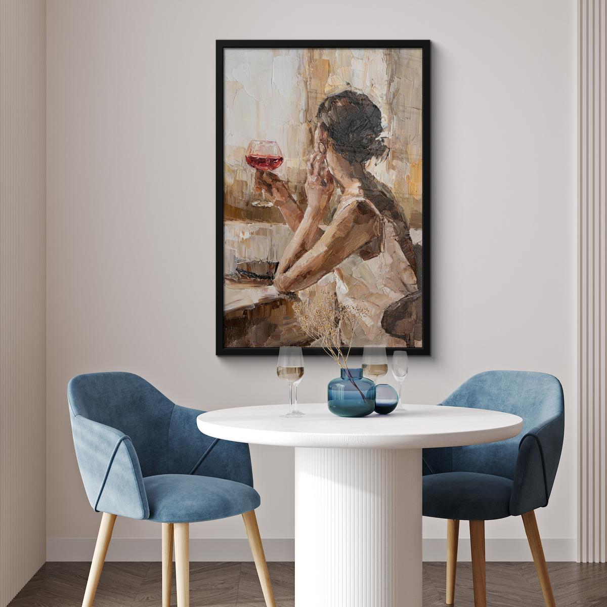 POSTER MIT RAHMENGERAHMTES BILD Ölgemälde - Frau - Wein 60x90 cm - Hellbraun, Papier (60/90cm) - MuchoWow
