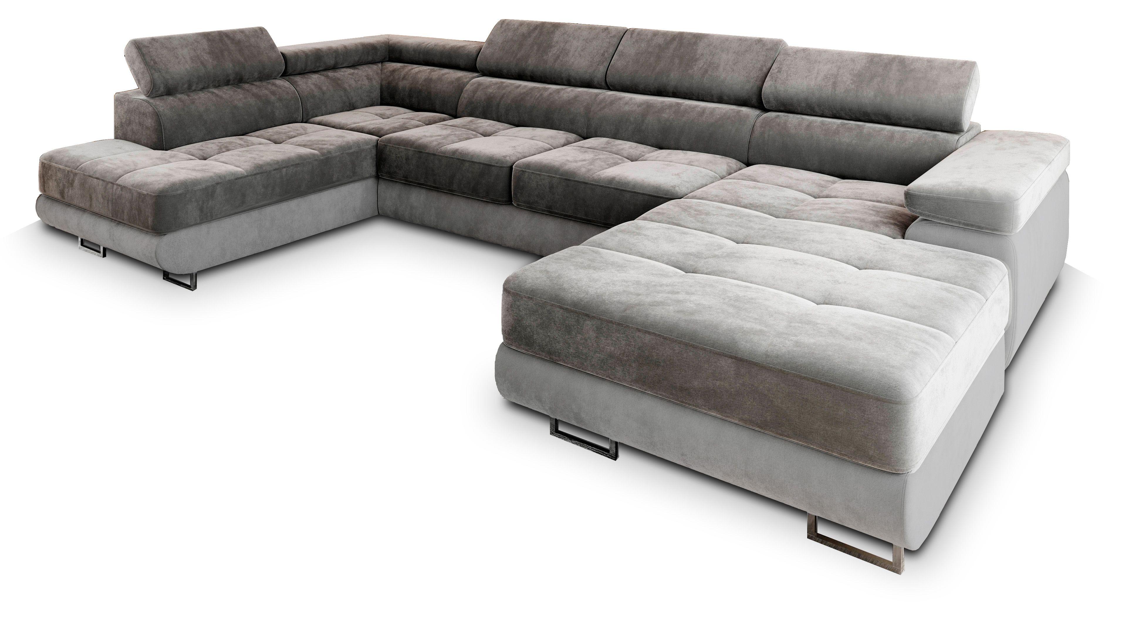 WOHNLANDSCHAFT CASONE L-S Grau Velours-Stoff mit Schlaffunktion - Silberfarben/Grau, Holz/Textil (345/90/202cm) - MASSENO