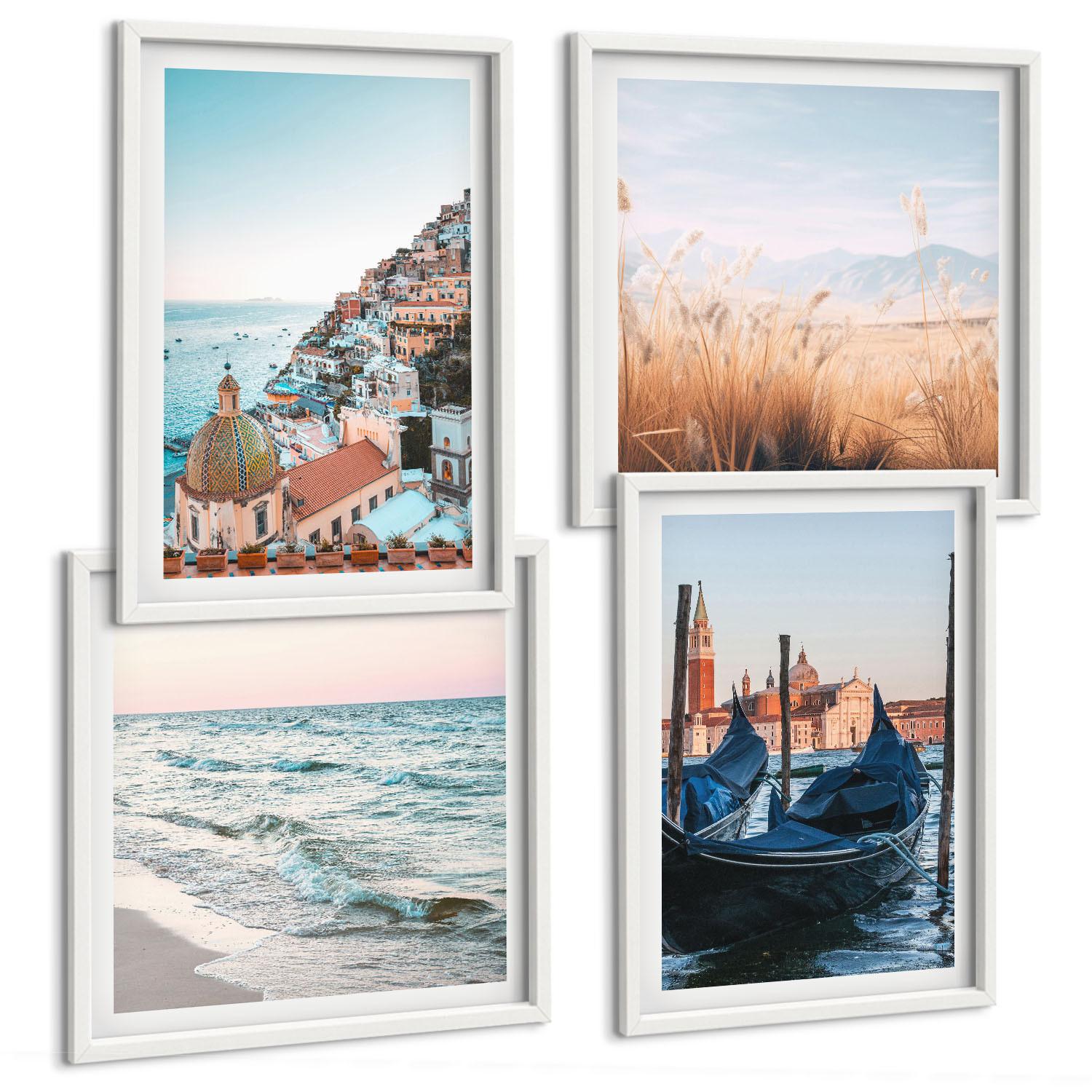 BILDER SET 4er Set - 50x50 cm & 40x60 cm Weißer Rahmen - Meerblick von Venedig - Weiß, Kunststoff (50/50cm) - TULUP