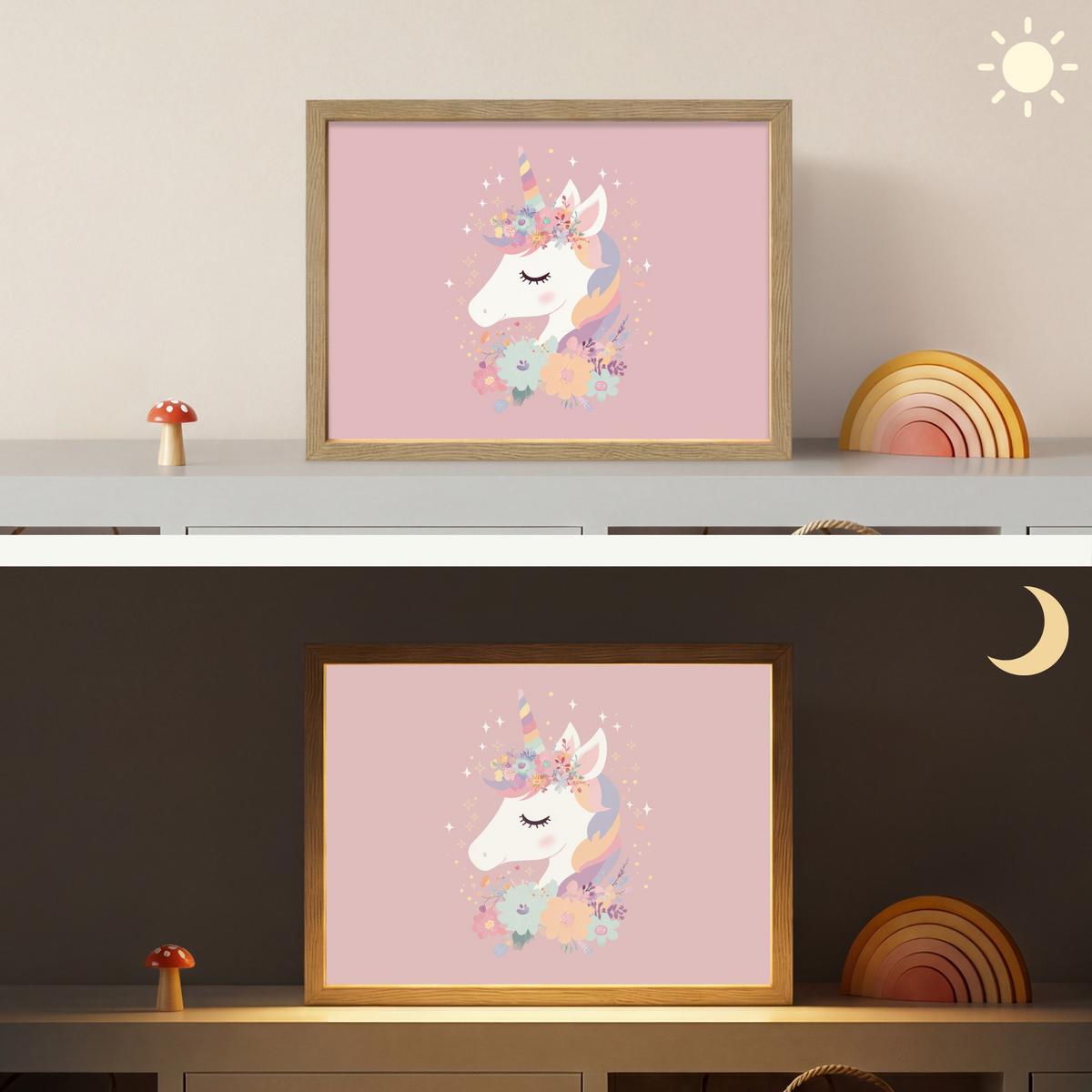WANDLEUCHTE MIT AKKU Einhorn - Rosa - Blumen 40x30 cm - Rosa, Holzwerkstoff (40/30/8cm) - OnlyWow