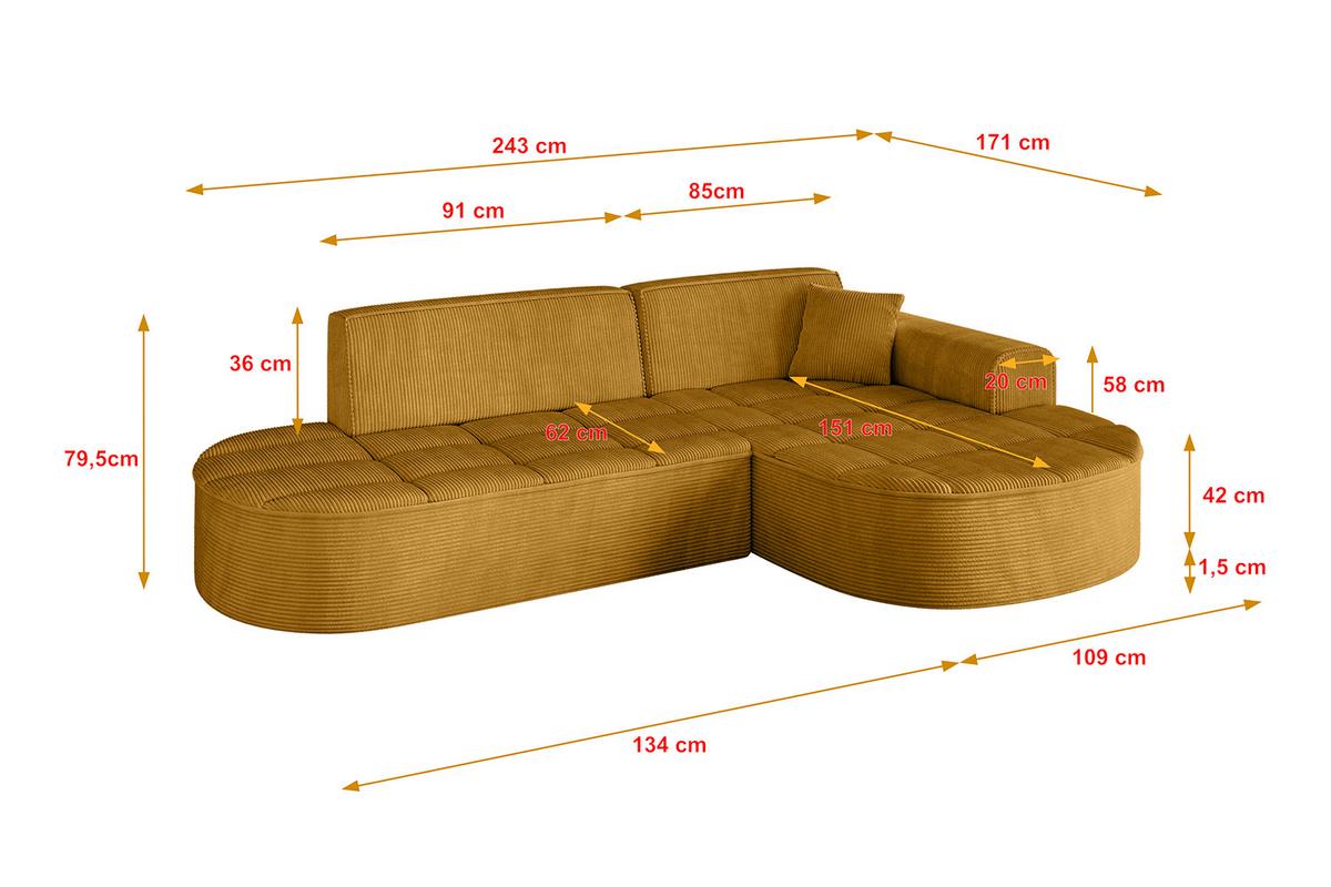 ECKSOFA Ottomane Rechts TARO-L1 - 243x171x79,5 cm Senfgelb - Currygelb/Gelb, Holzwerkstoff/Textil (243/171cm) - ALTDECOR