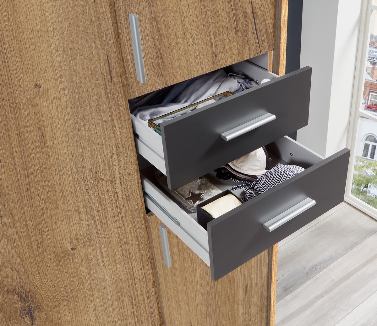 DREHTÜRENSCHRANK B313/H210/T58 cm in Eiche Dekor mit Absetzungen in Grafit, Kleiderschrank mit Passepartout & 3 Spiegeltüren & Schubkästen / 22582 - Eichefarben/Silberfarben, Holzwerkstoff/Kunststoff (313/210/58cm) - luma-home