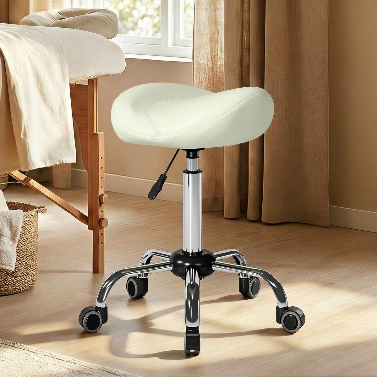 ROLLHOCKER PU Cremeweiß - Chromfarben/Creme, Leder/Kunststoff (48/71/48cm) - HOMCOM