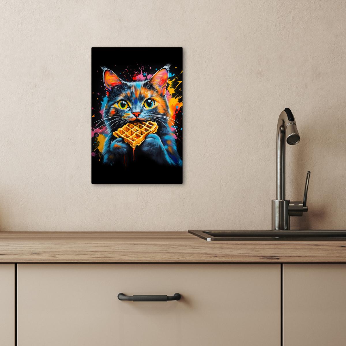 LEINWANDBILD Katze - Graffiti - Bunt - Waffel - Essen Deko Wohnzimmer 20x30 cm - Türkis, Textil (20/30cm) - MuchoWow