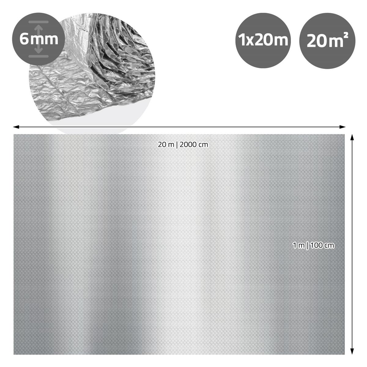 ISOLIERFOLIE 1 x 20 m für Wärmedämmung und Kälteschutz Doppelseitige Alu-Dämmfolie 6mm Dicke - Silberfarben, Kunststoff/Metall (100/0.6/2000cm) - ECD-Germany