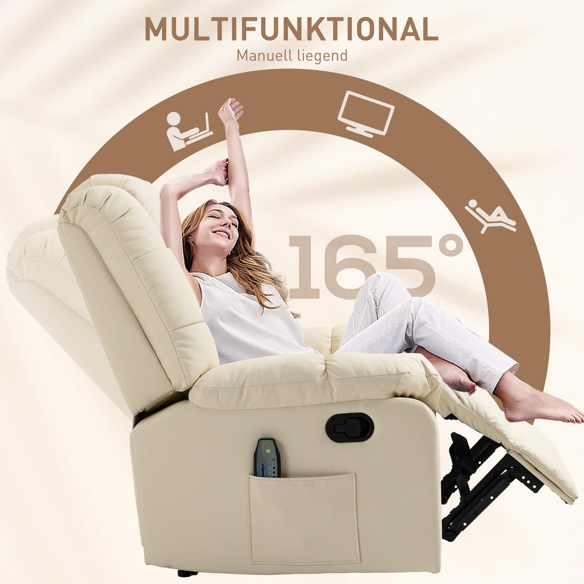 MASSAGESESSEL Elektrisch Fernsehsessel mit Liegefunktion 8 Massagepunkte Creme - Creme/Schwarz, Leder (99/99/94cm) - HOMCOM