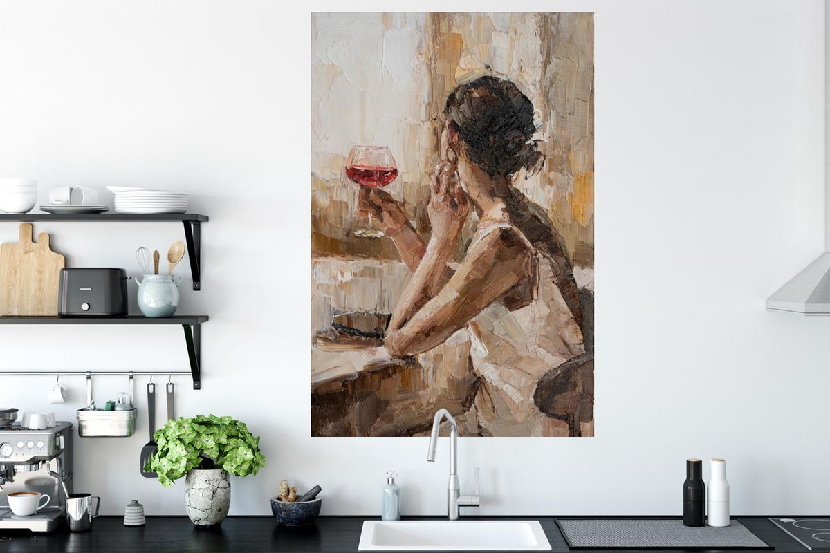 WANDTATTOO Ölgemälde - Frau - Wein Wandaufkleber 80x120 cm - Hellbraun, Kunststoff (80/120/0.1cm) - MuchoWow